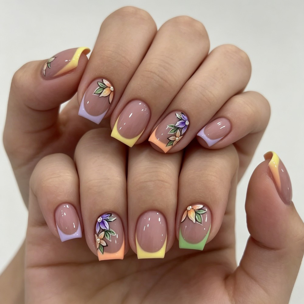 Pressed Flower Art - 24 قطعة من الأظافر الاصطناعية الوردية