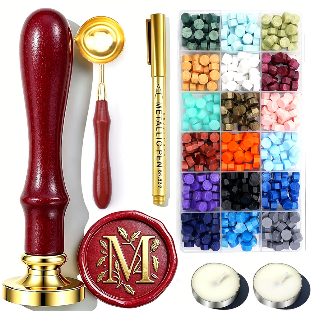طقم ختم شمعي بحرف M مع 18 لونً - مراجعة Wax Seal Letter Kit وسعره